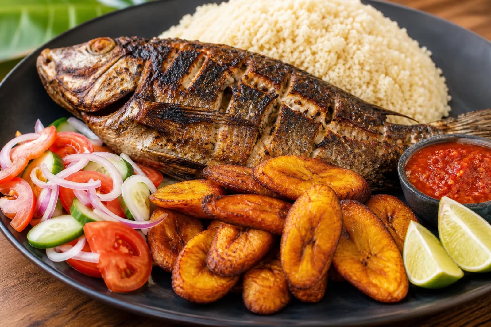 Assiette d'attiéké, poisson et alloco lawale simbo